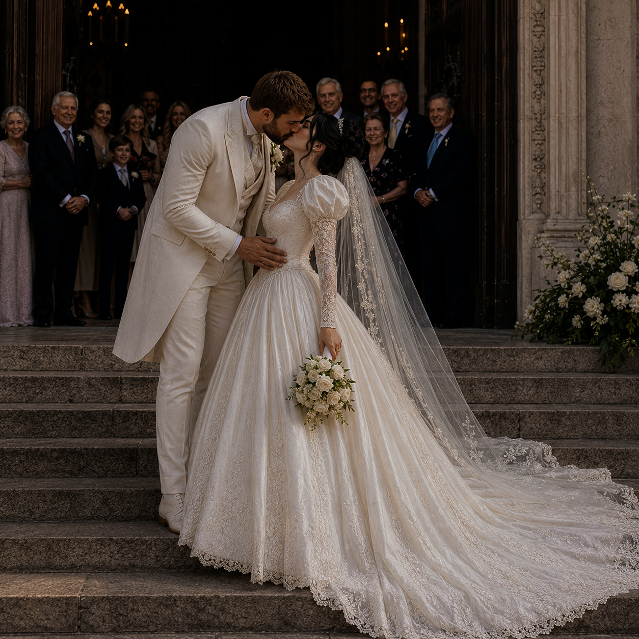 Nastenka e Mark se beijam na escadaria da catedral