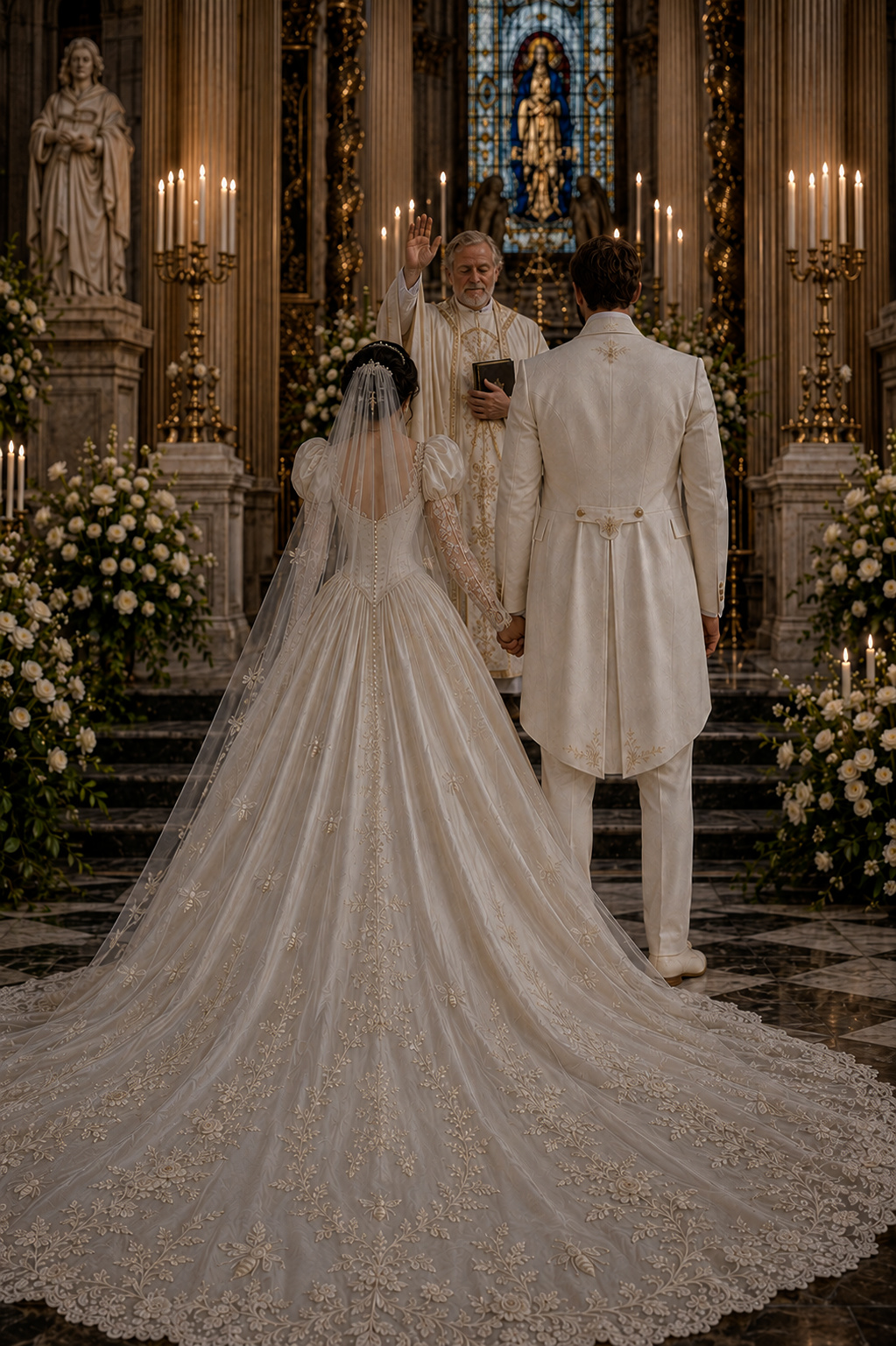 Nastenka e Mark de mãos dadas recebem a bênção diante do altar