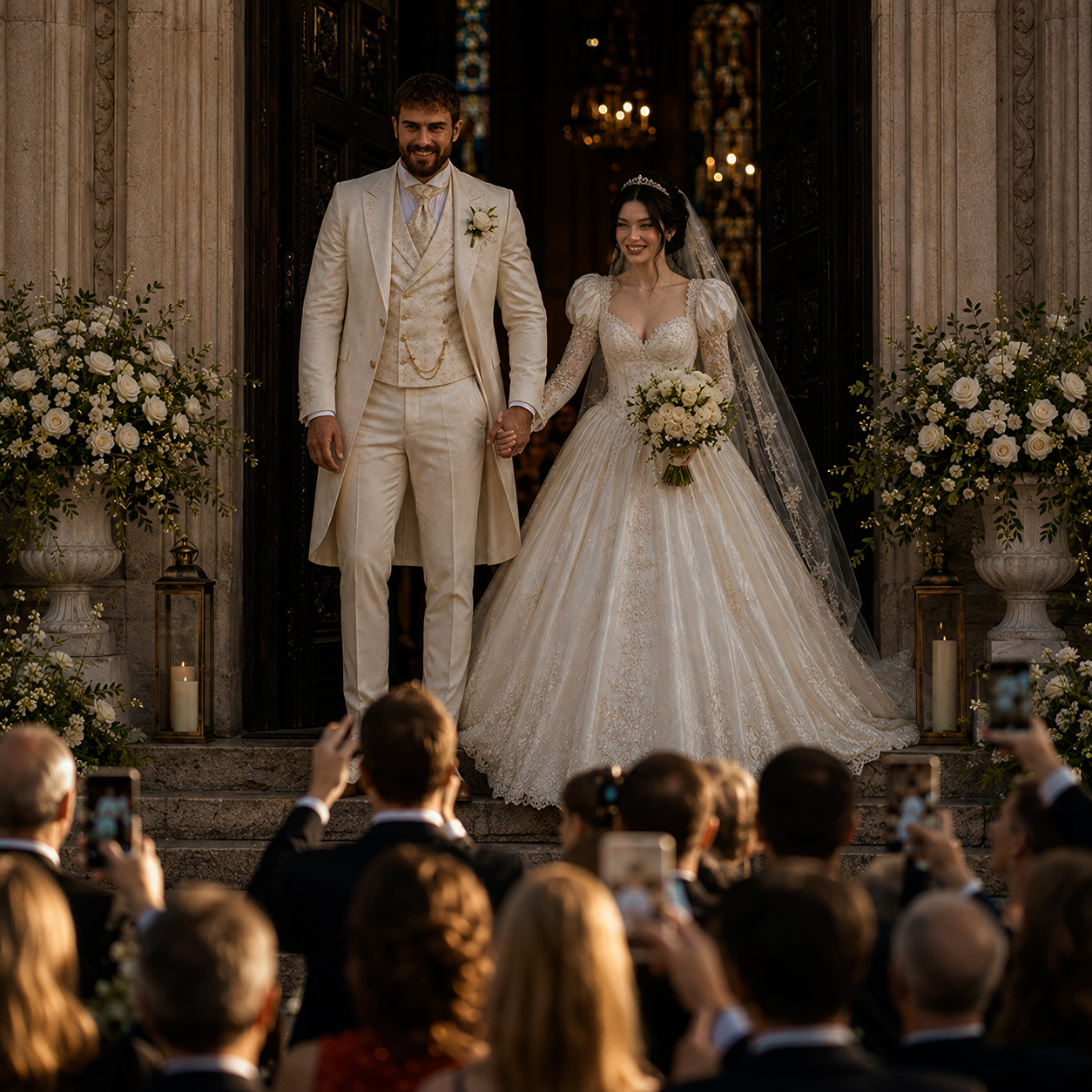 Nastenka e Mark aparecem de mãos dadas à porta da catedral