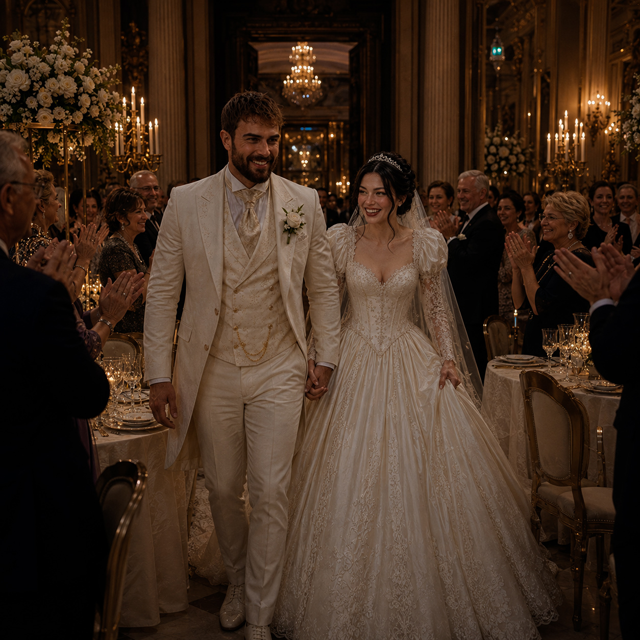 Nastenka e Mark caminham juntos entre os convidados na celebração